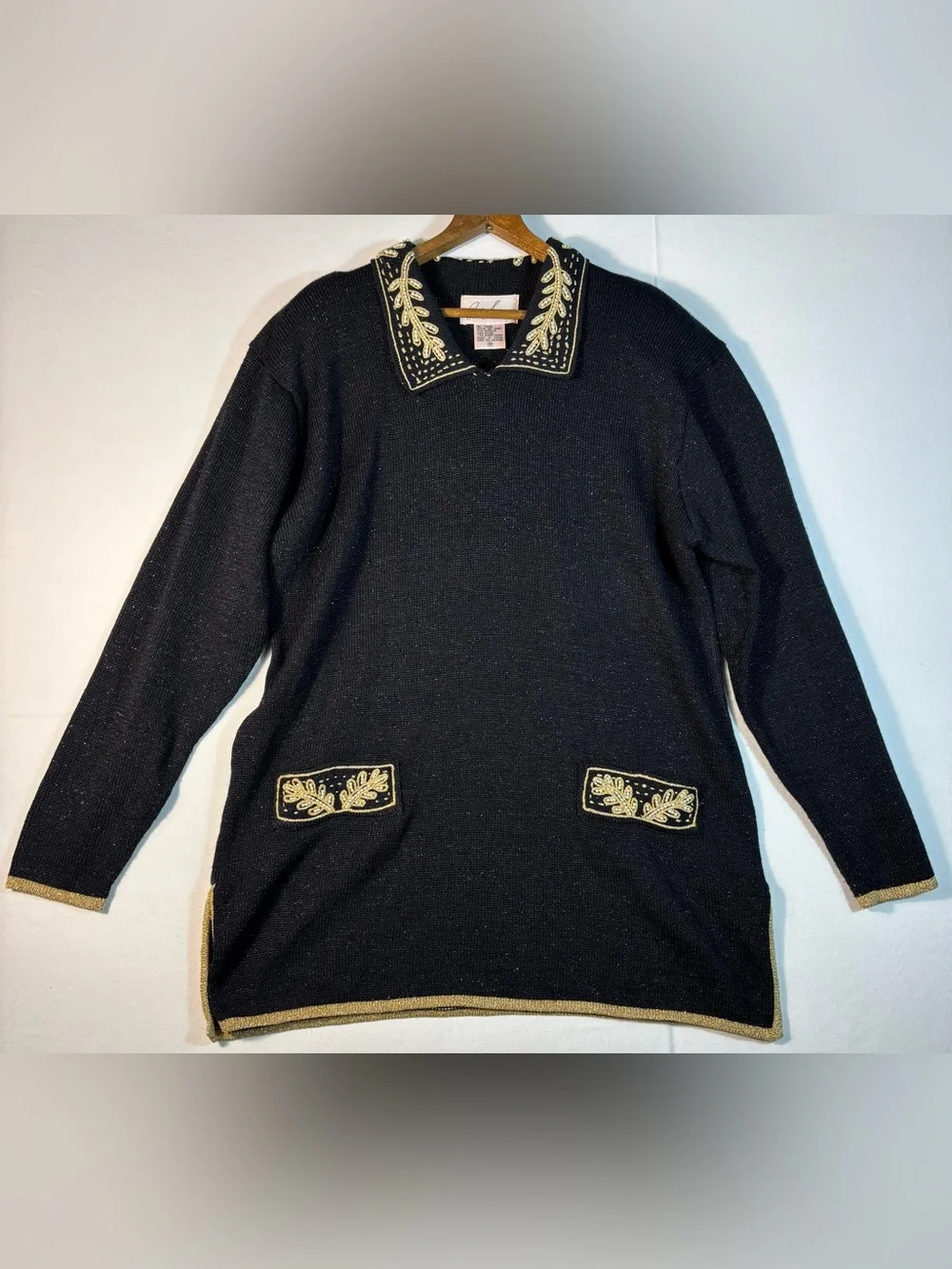 Jaclyn Smith Women’s M Black Knit Sweater with Beaded and Gold Embroidered Trim